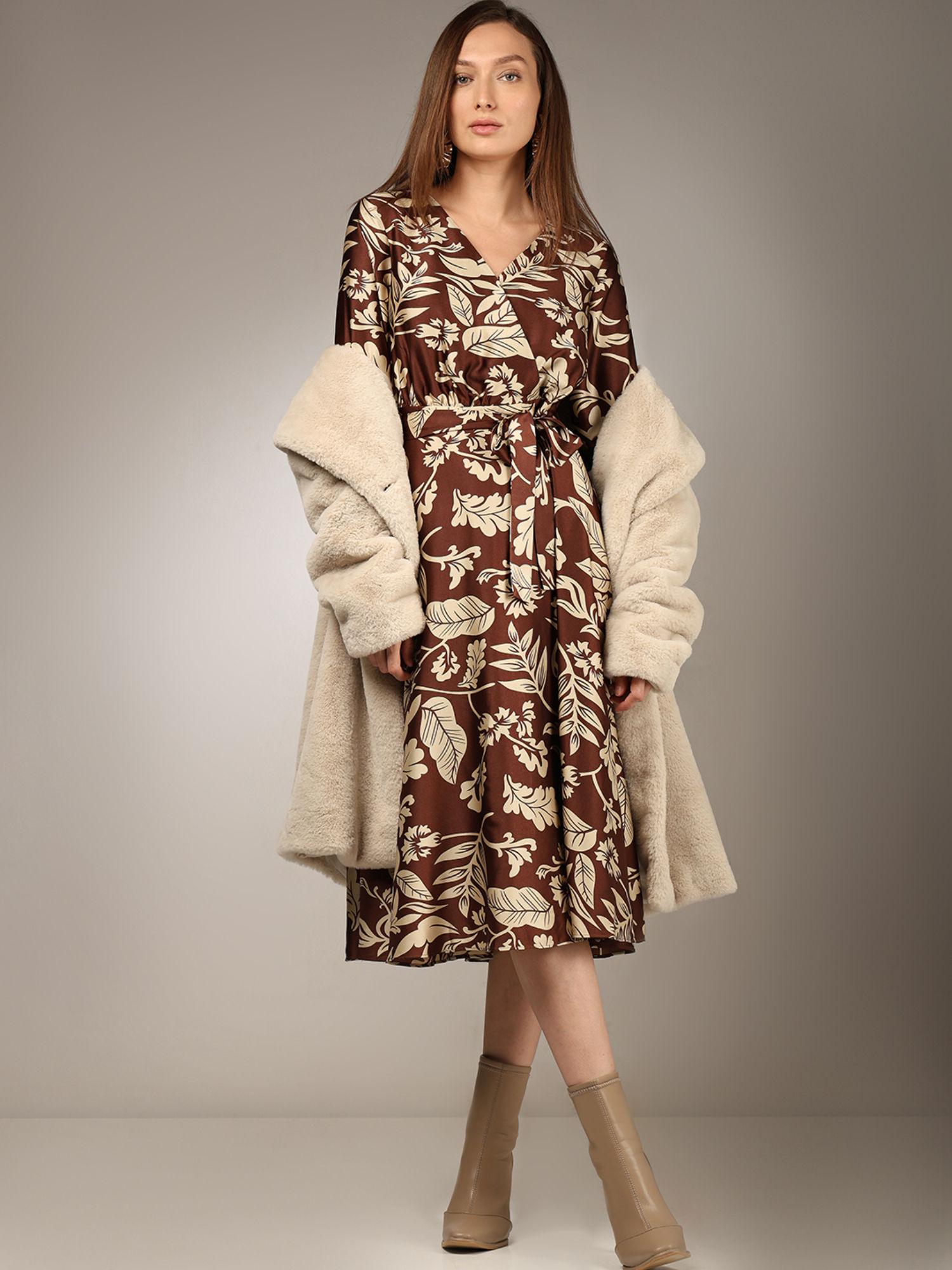 brown leaves print midi dress with belt (set of 2)