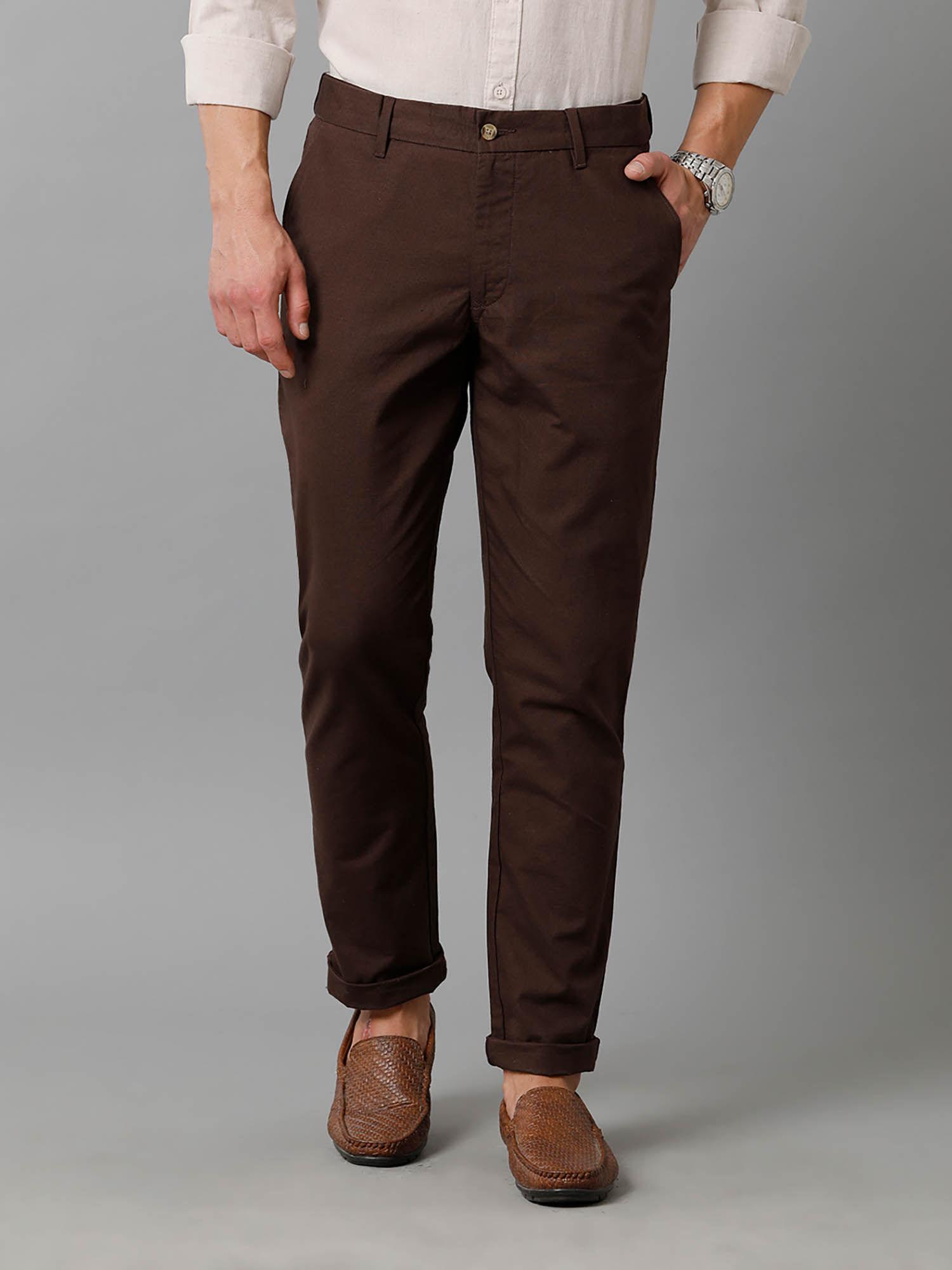 brown mens slim fit flexi waist casual trousers