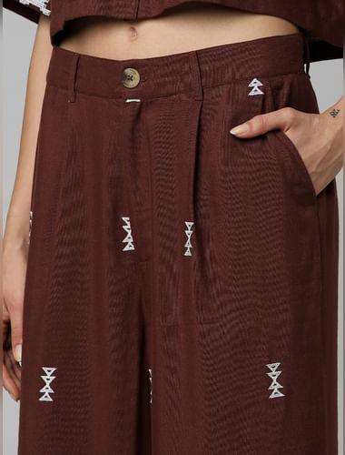 brown mid rise embroiderd co-ord set pants