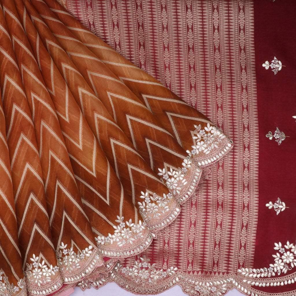 brown ombre organza saree with gota patti embroidery