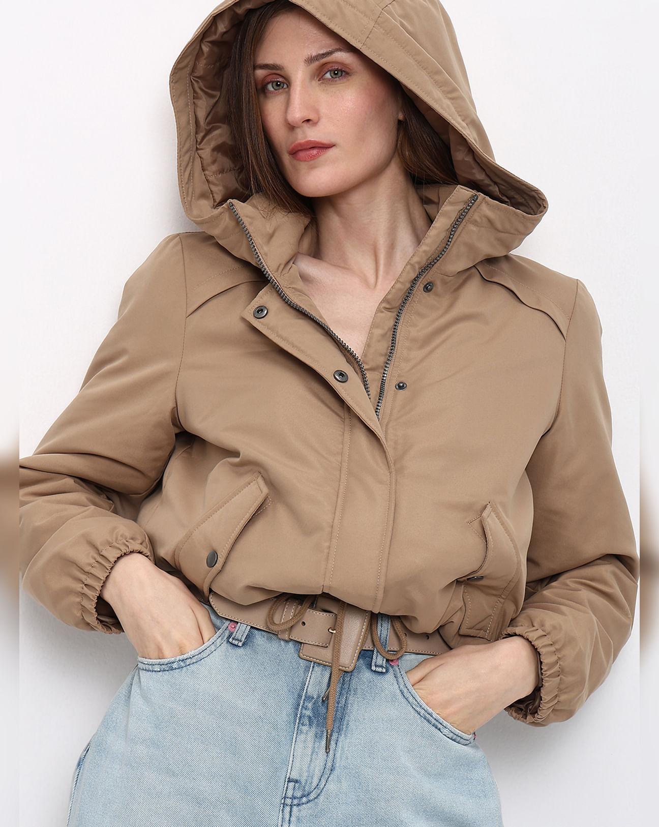 brown padded short parka jacket