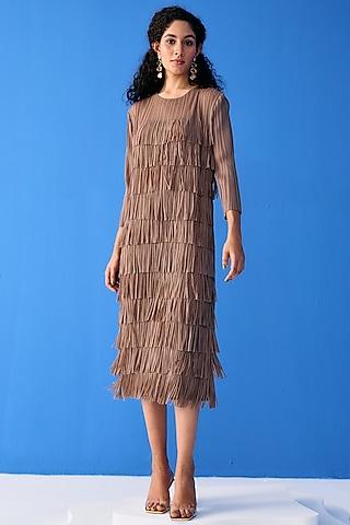 brown pleated polyester dress