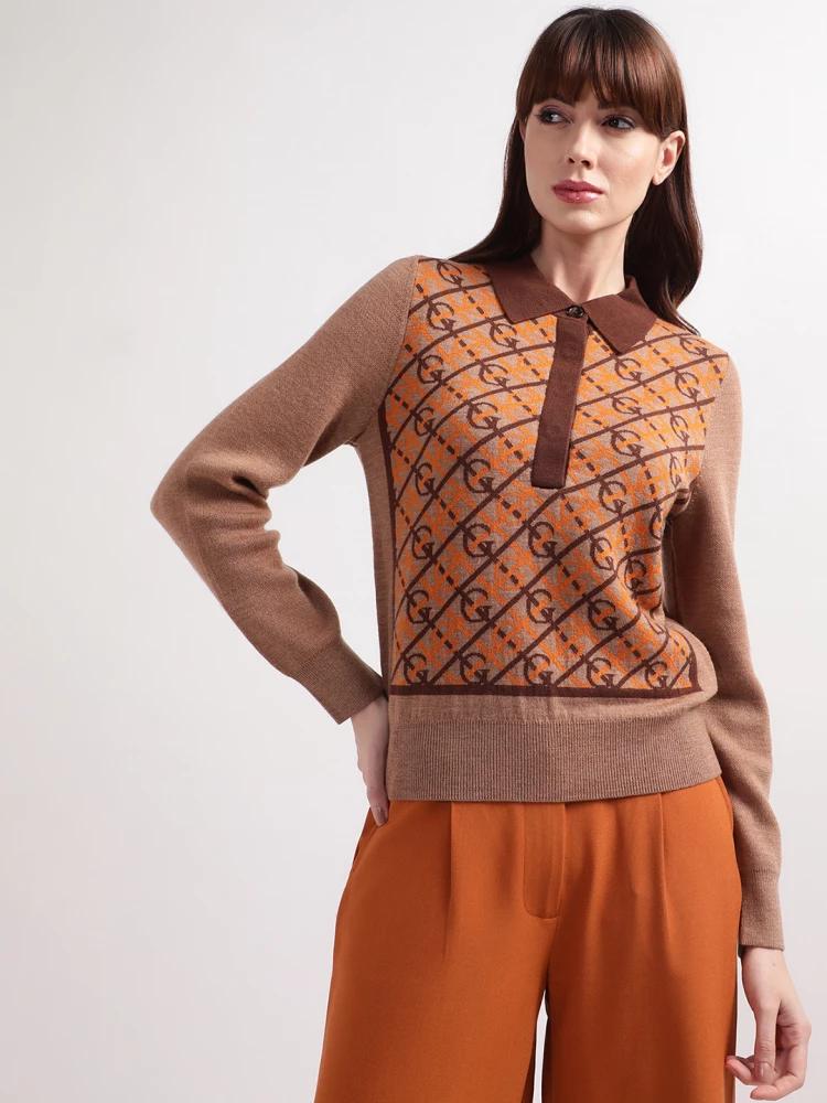 brown printed collar sweater