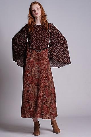 brown printed midi dress for girls
