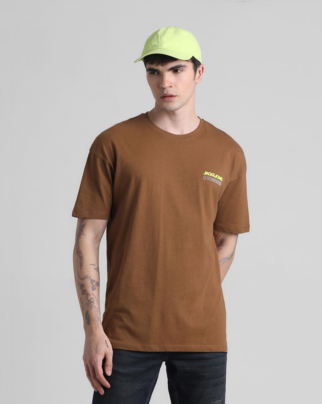 brown printed oversized crew neck t-shirt