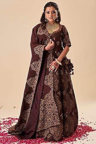 brown pure raw silk embroidered lehenga set