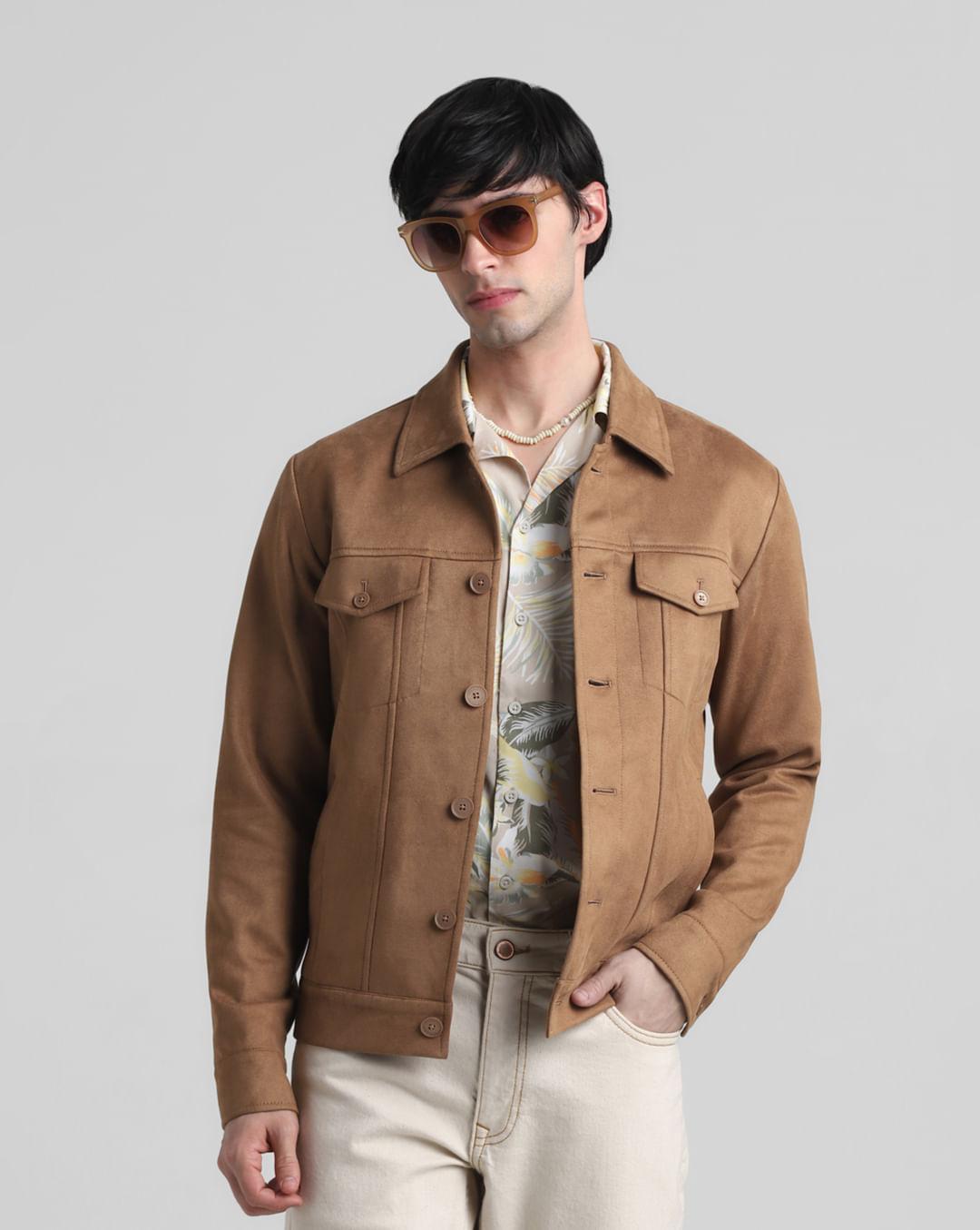 brown regular fit suede jacket
