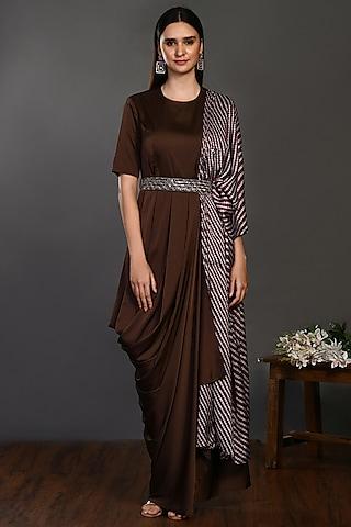 brown satin printed gown set