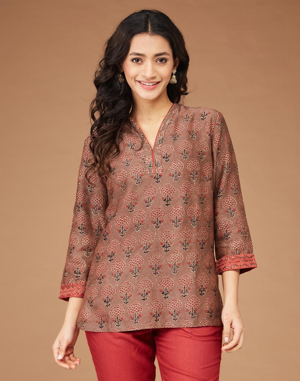 brown silk blend ajrakh printed short kurta