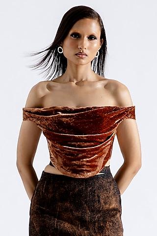 brown-silk-velvet-off-shoulder-corset-top