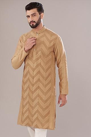 brown slub silk embroidered kurta