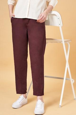 brown solid ankle-length  casual women comfort fit  trousers