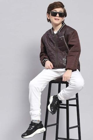 brown solid casual full sleeves stylized neck boys smart fit jackets