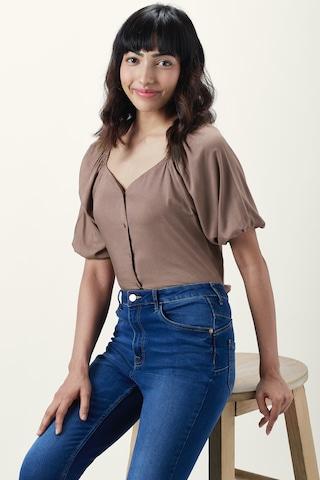 brown solid casual half sleeves v neck women comfort fit top