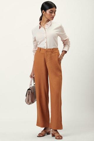 brown solid full length formal women regular fit trouser
