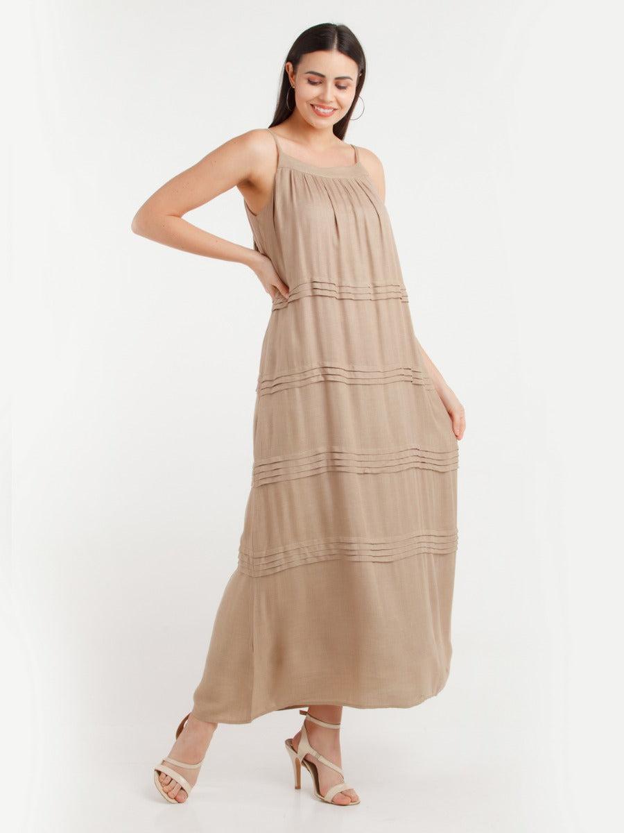 brown solid maxi dress for women