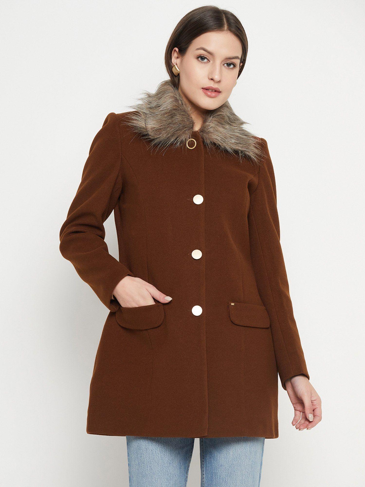 brown, solid tweed elastane long coat