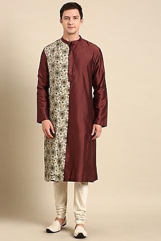 brown & beige silk muslin printed kurta set