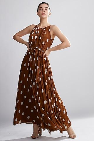 brown & cream polka dotted dress