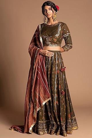 brown & green embroidered gharara set