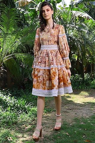 brown & peach printed dress