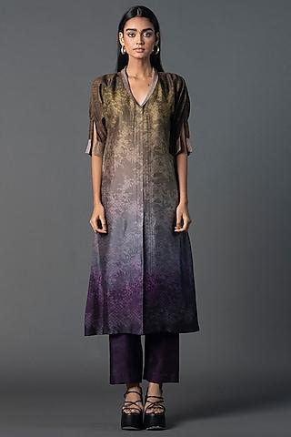 brown & purple dupion silk printed a-line kurta set