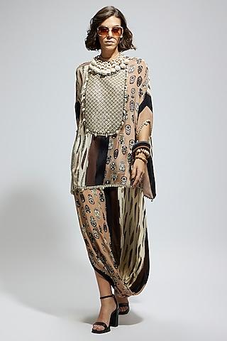 brown & white crepe metallic embroidered kaftan set