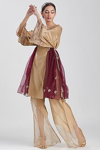 brown & wine embroidered kurta with pants