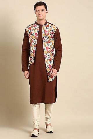 brown & yellow cotton linen printed kurta set