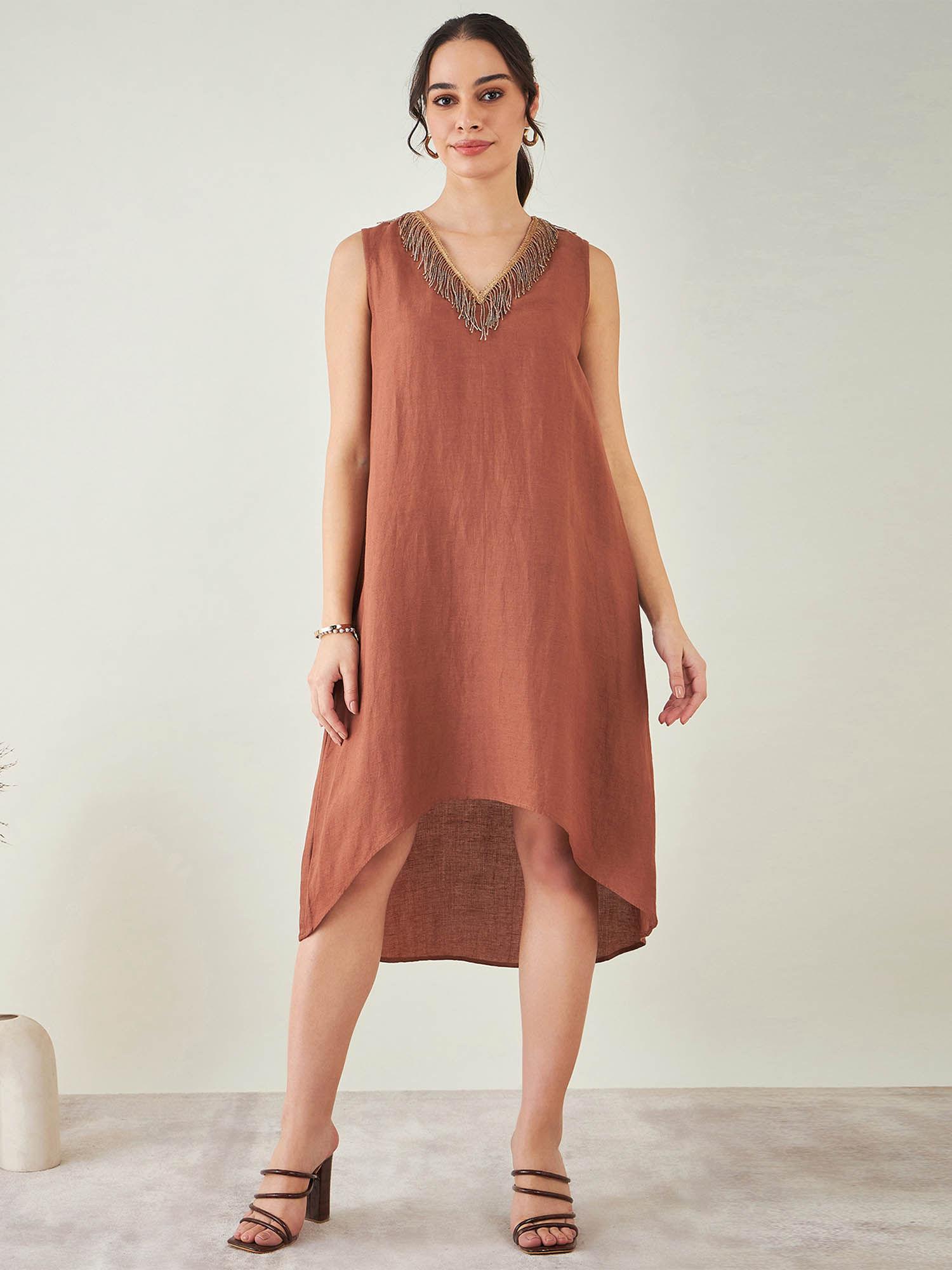 brown a-line linen dress with cut dana lace detail