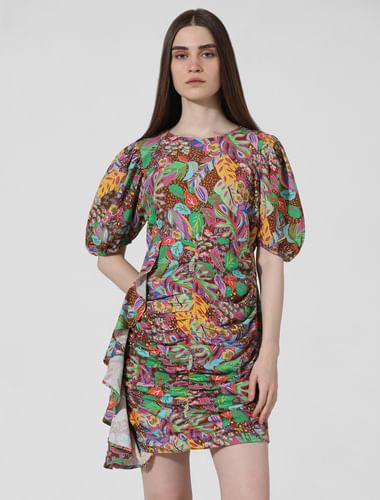 brown abstract print gathered dress