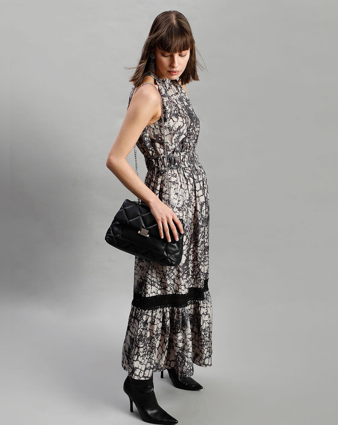 brown abstract print maxi dress