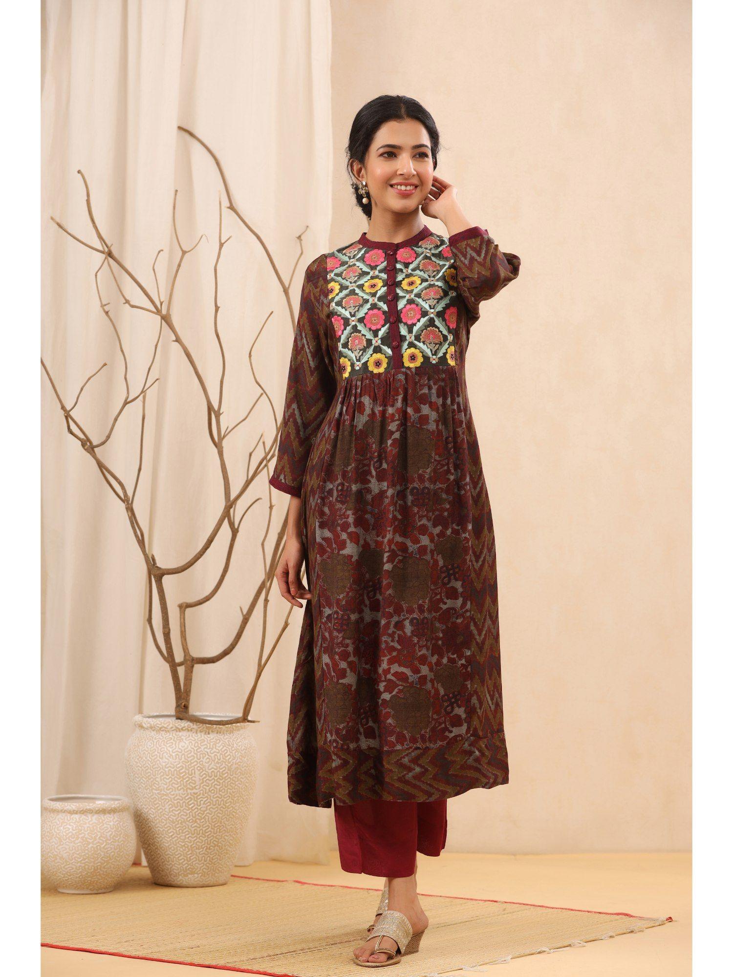 brown ajrakh printed muslin embroidered kurta (set of 2)