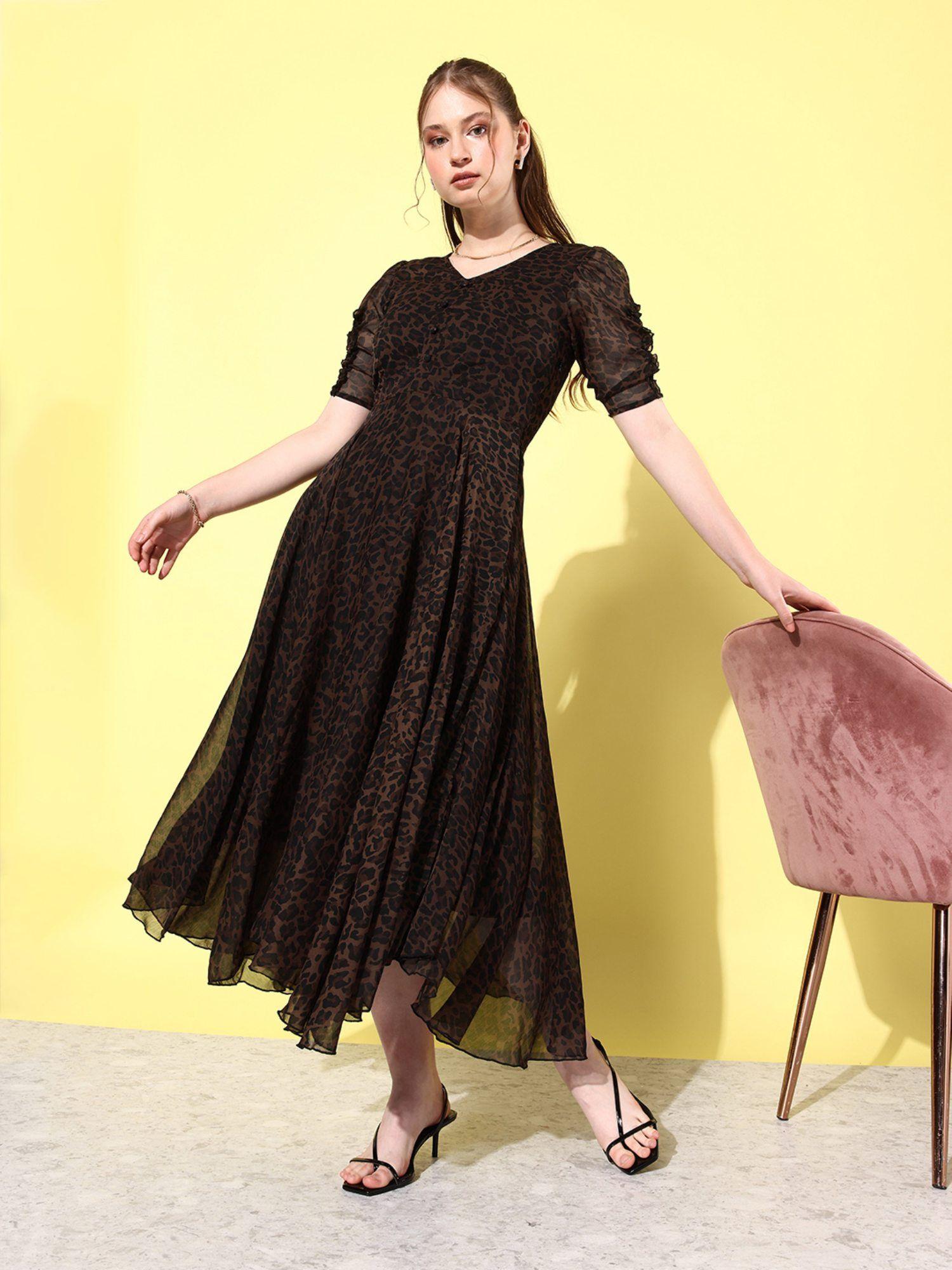 brown and black asymmetrical hemline maxi dress