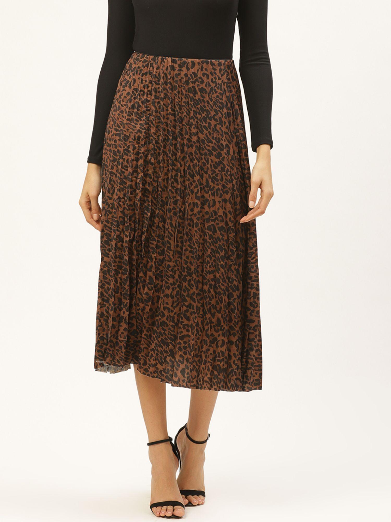 brown and black leopard print accordion pleated midi a-line skirt