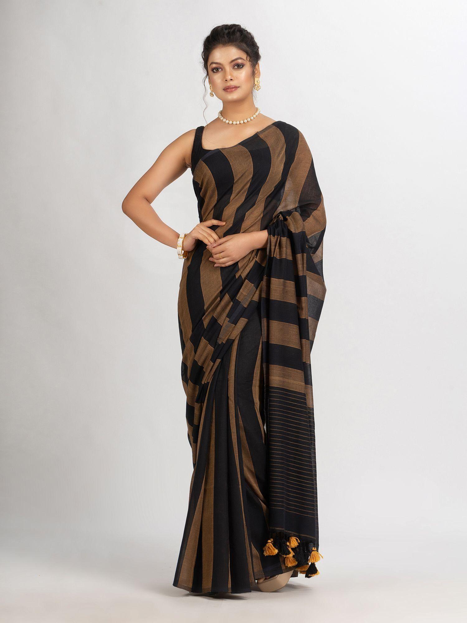 brown and black stipe handwoven cotton handloom saree