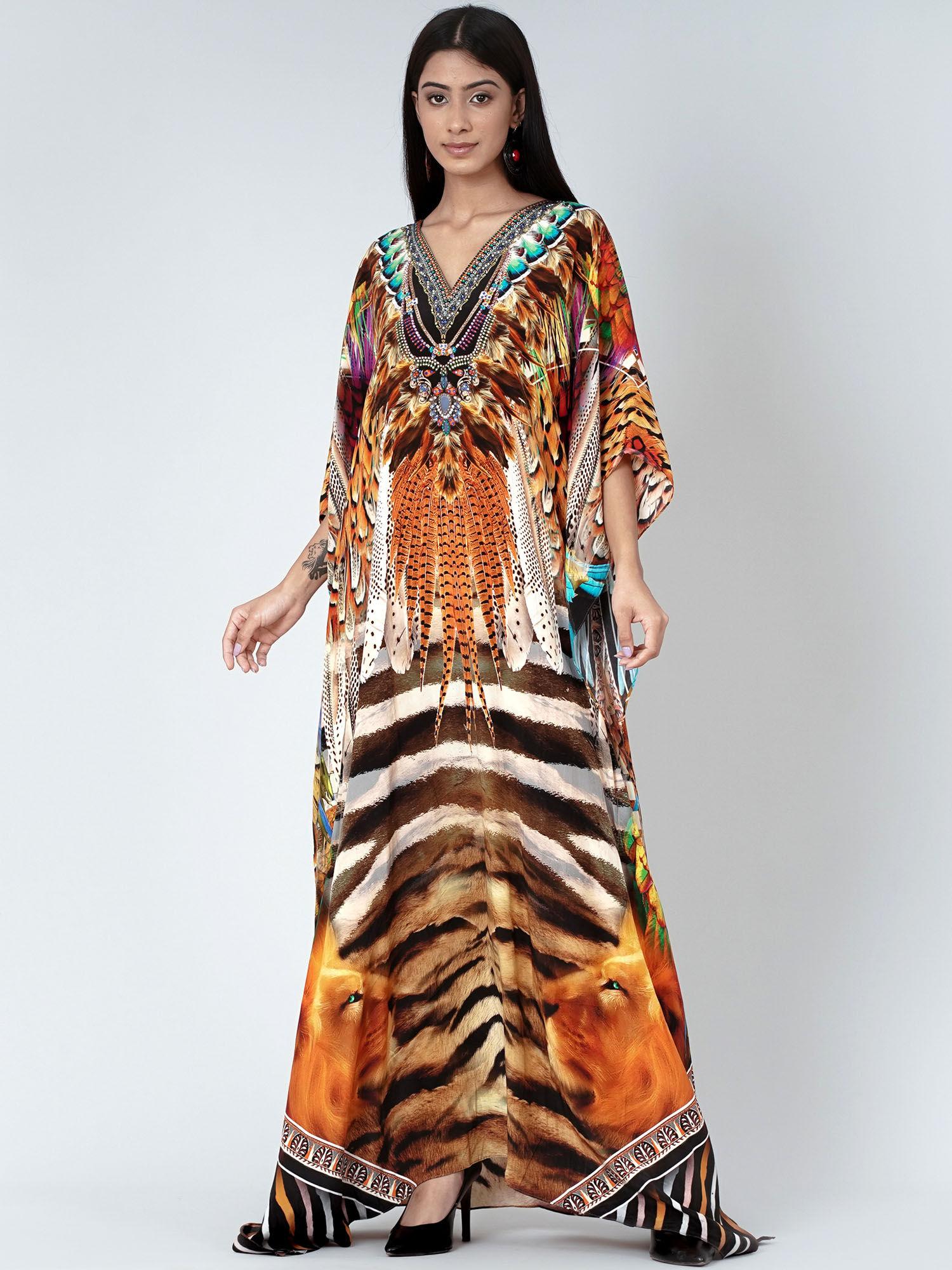 brown and black tribal print embellished silk full length kaftan