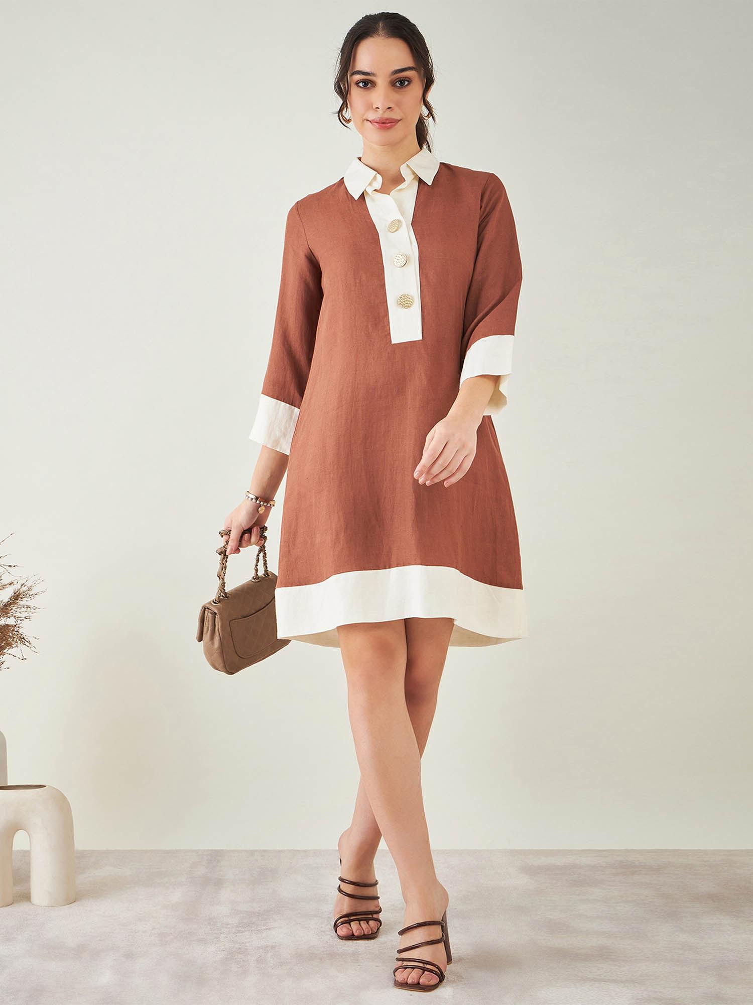 brown and off-white linen dress
