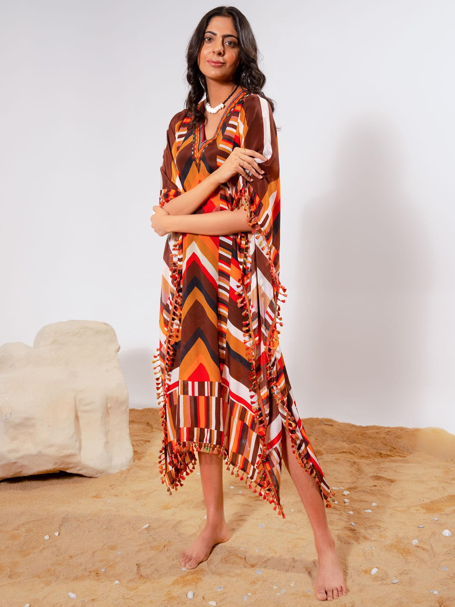 brown and orange striped mid length kaftan