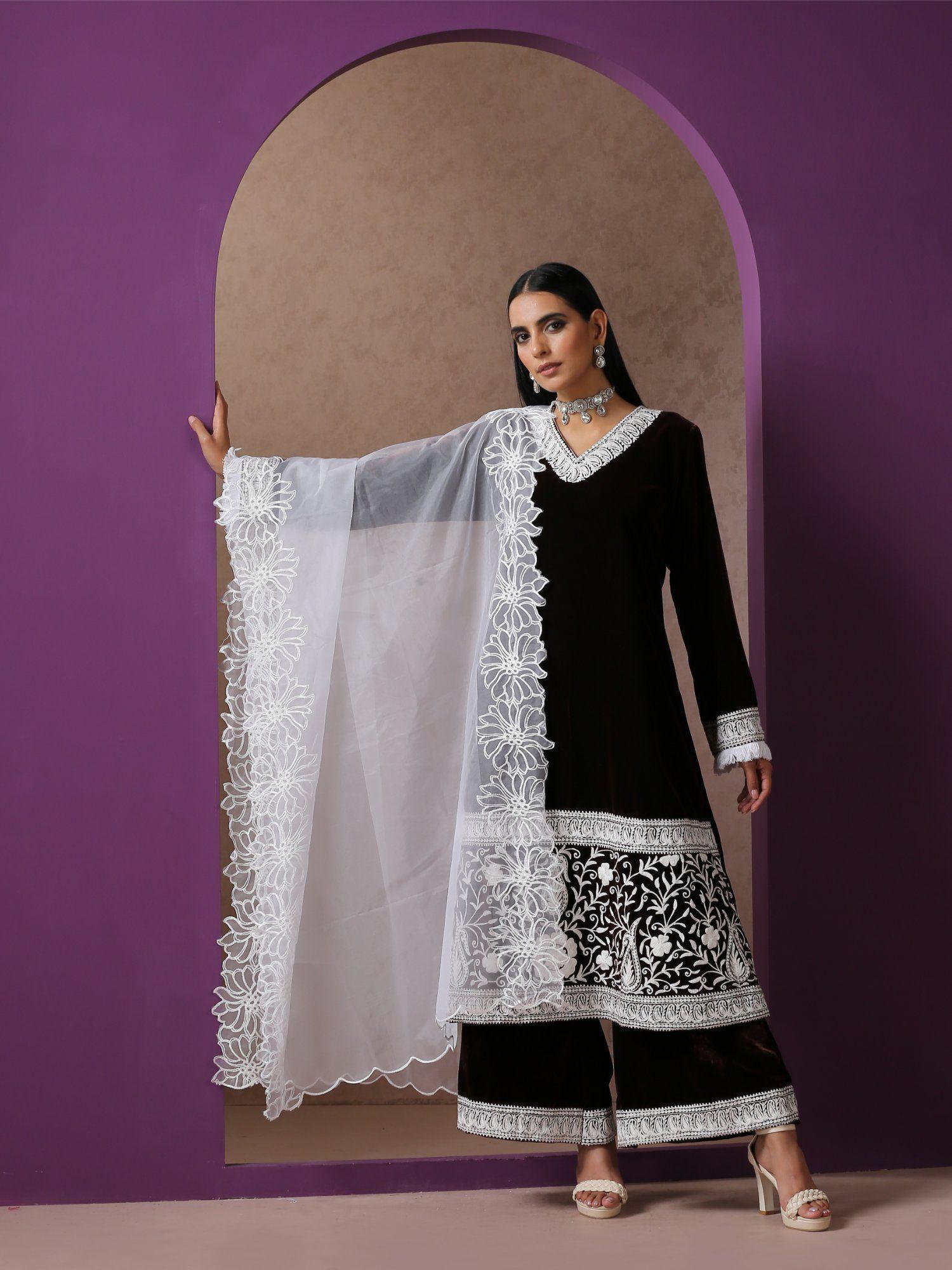 brown and white kurta with flared pant & dupatta (set of 3)