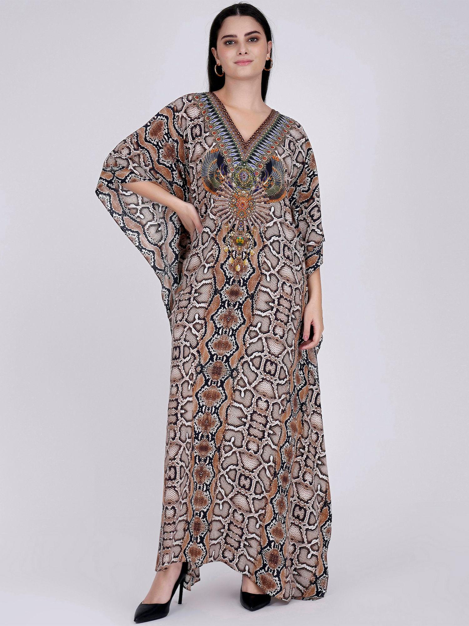 brown animal print embellished silk full length kaftan