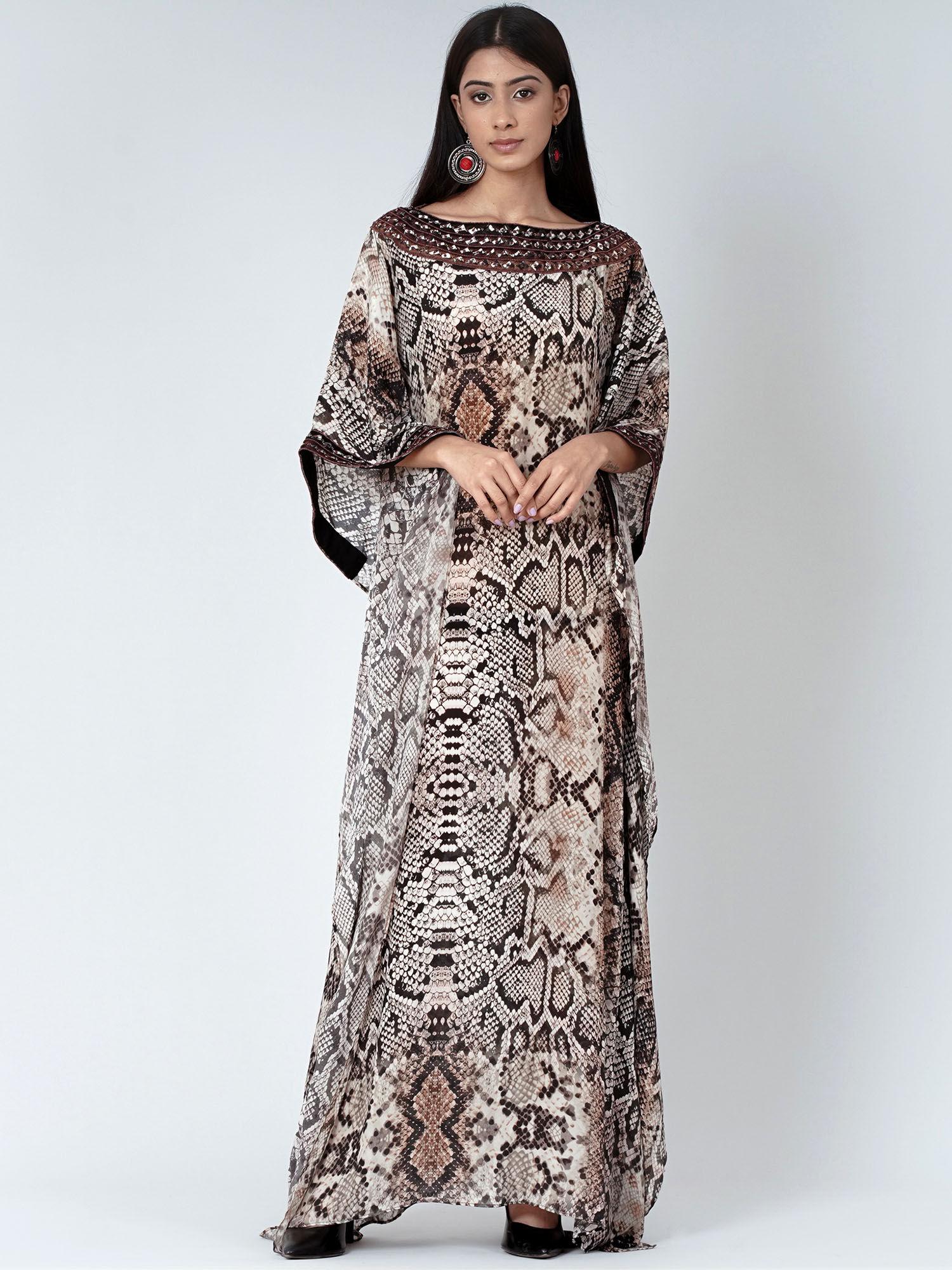 brown animal print embroidered full length kaftan