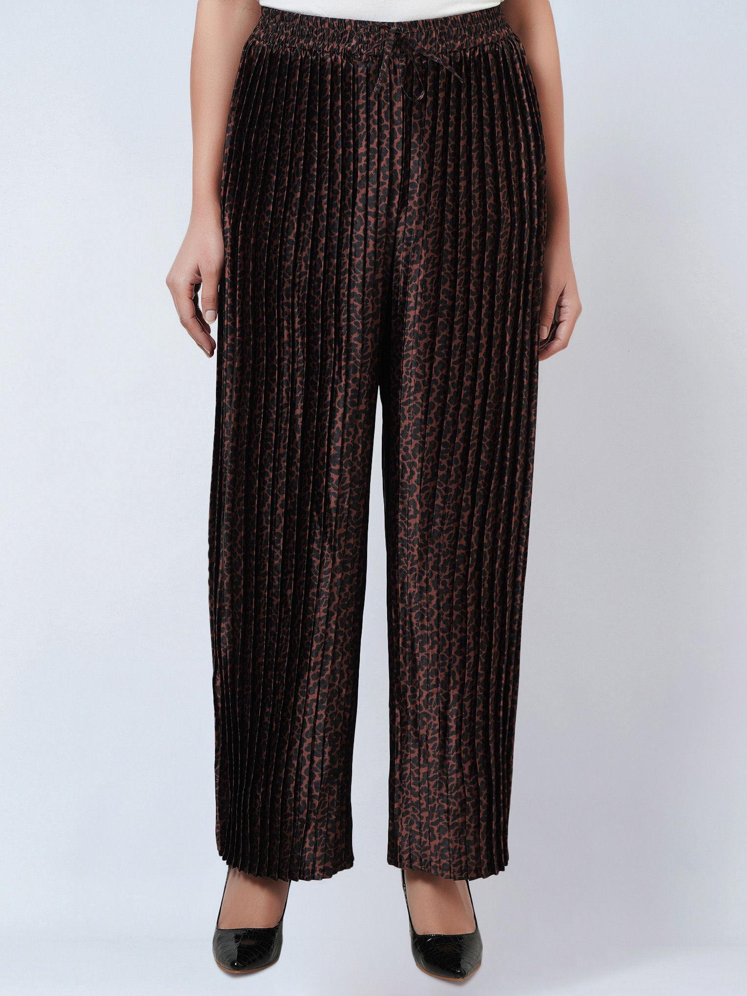 brown animal print pleated palazzo