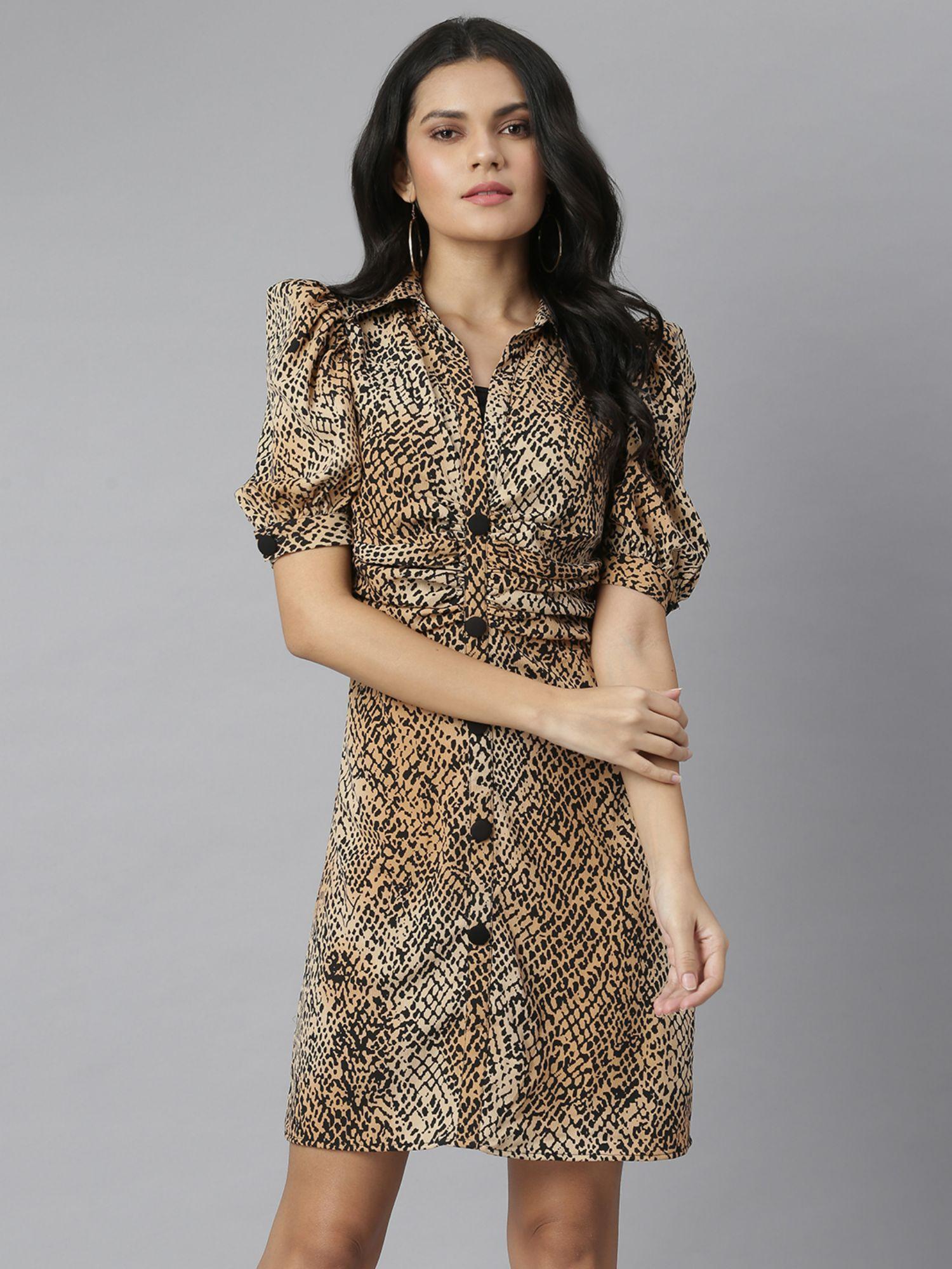 brown animal printed crepe shirt dress