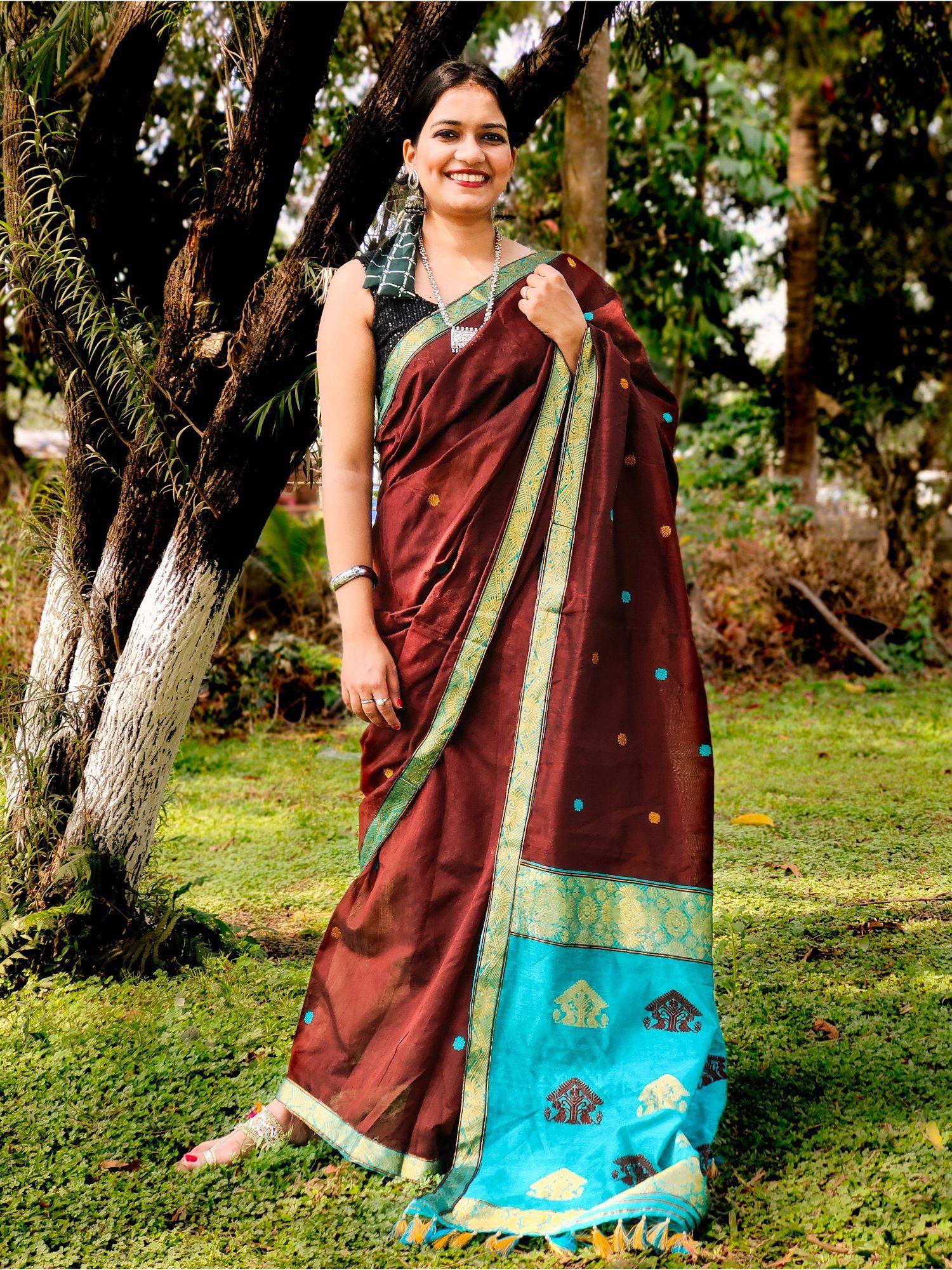 brown assam cotton saree with unstitched blouse piece (set of 2)