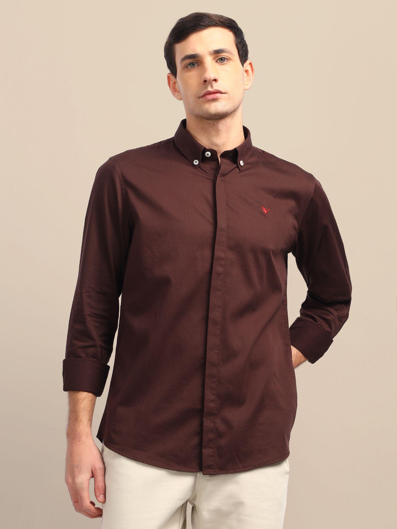 brown athleisure solid shirts