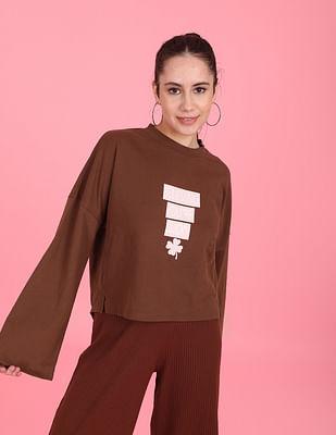 brown bell sleeve graphic print cotton sweatshirt