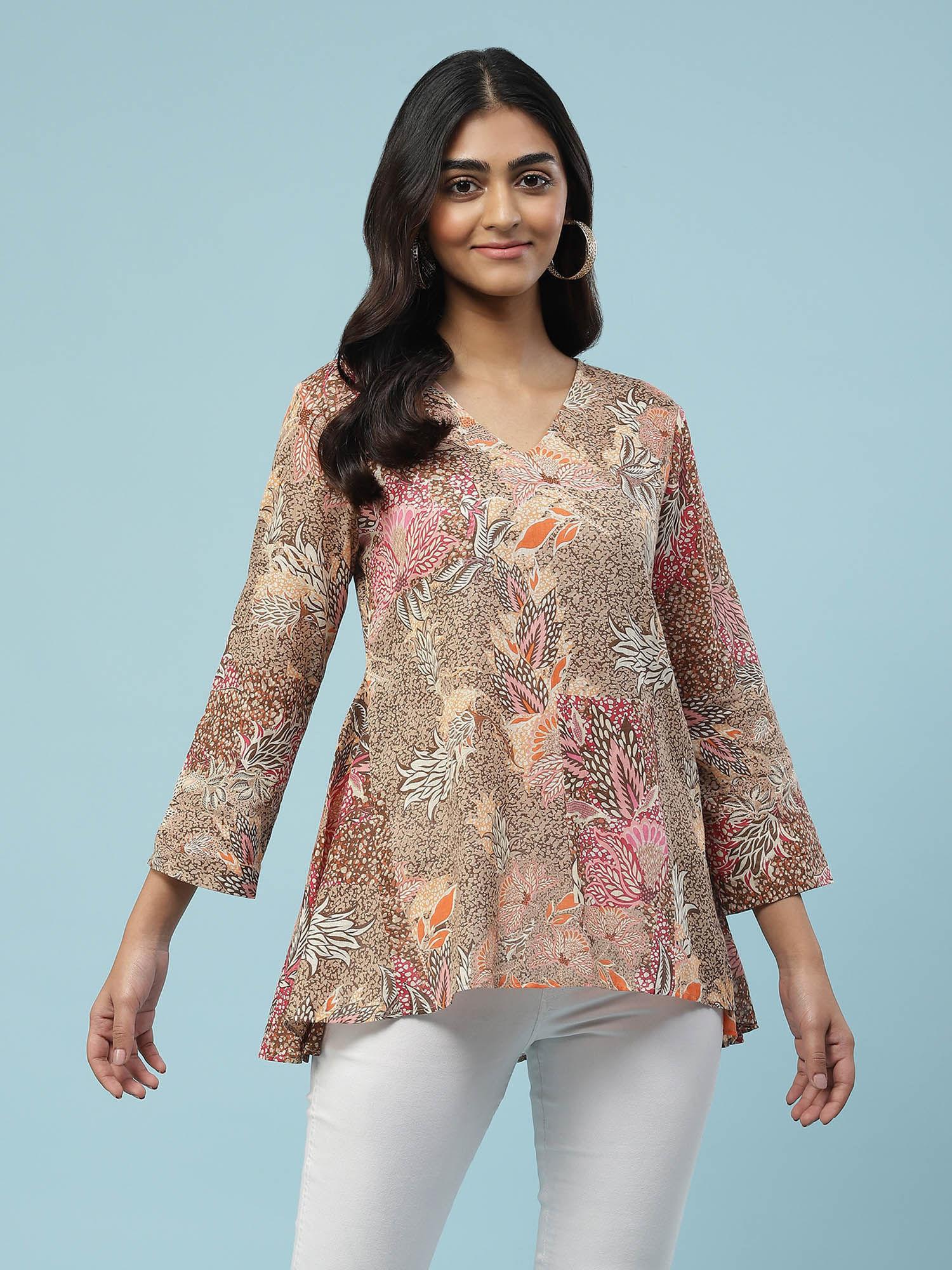 brown botanical print kurti