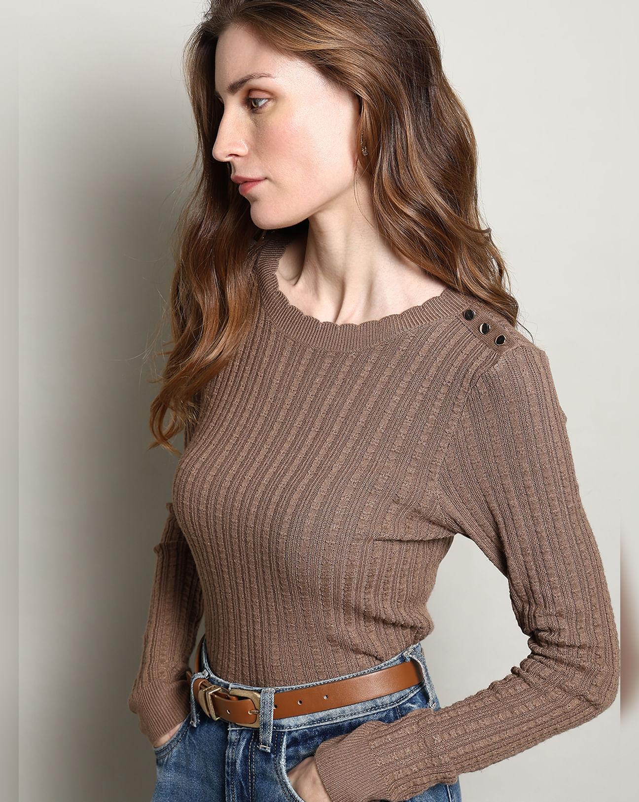 brown button detail fitted pullover