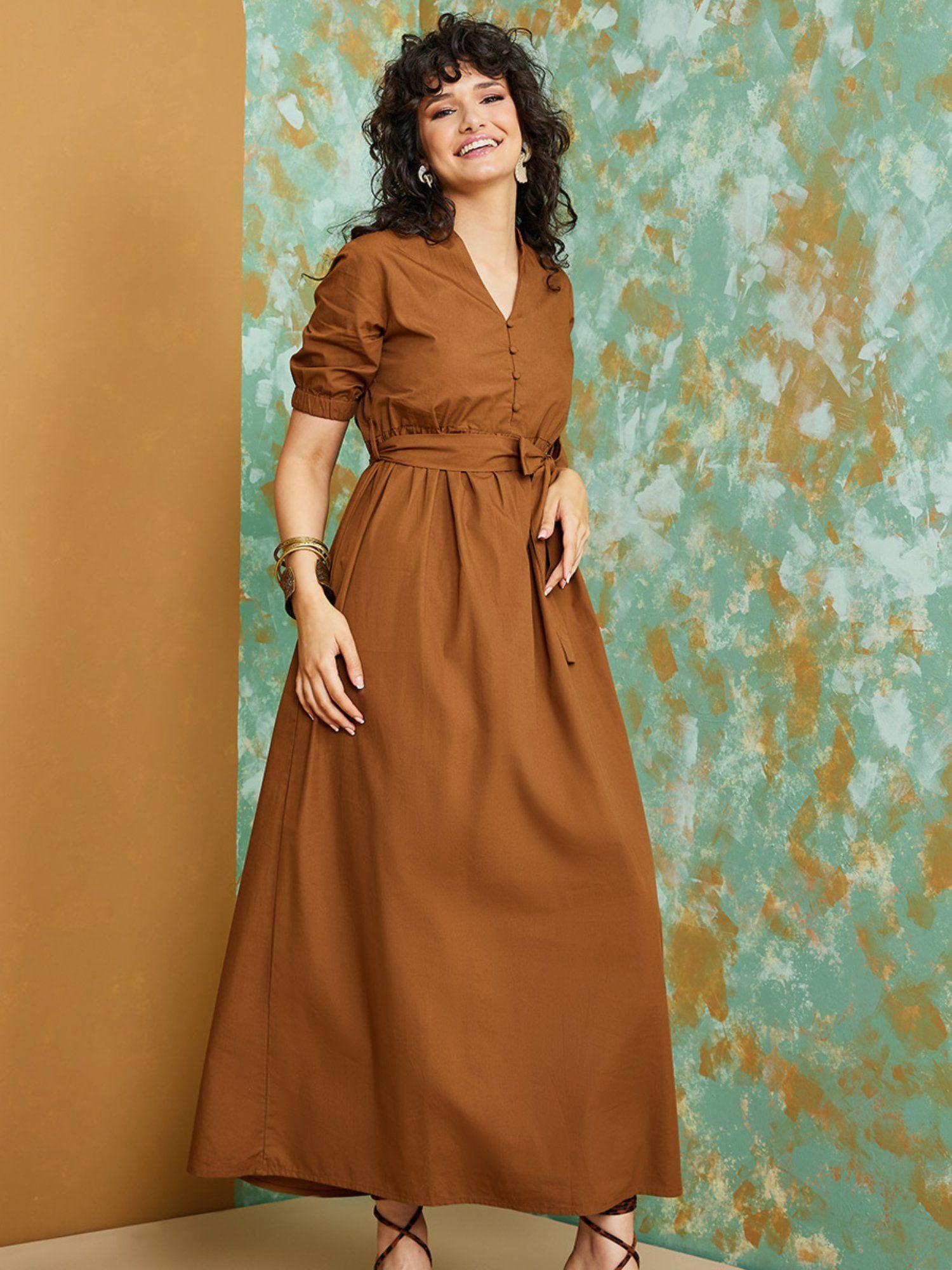 brown button detail maxi dress with self tie belt (set of 2)